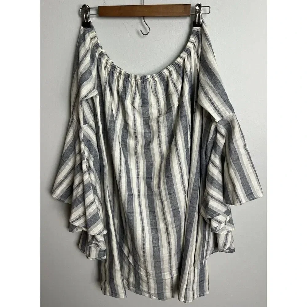 Lulu's Along the Tides Navy Blue Striped Off the Shoulder Boho Dress Size Medium - Picture 4 of 11